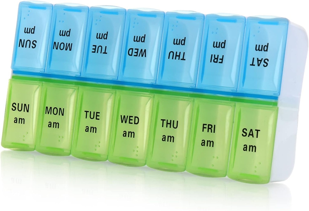 7 Day Weekly Pill Organizer，Large Daily Pill Organizer 2 Times a Day,AM PM Pill Case, Day Night Pill Container 7 Day 14 Compartments for Pills Vitamin Medication (Blue+Green)