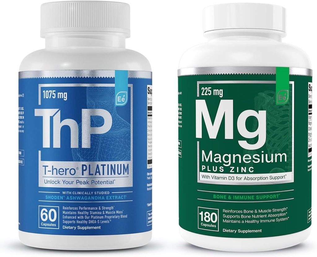 Elementos esenciales Magnesio &amp; Zinc con vitamina D3 + T-Hero Platinum  durable Sleep Immune &amp; Bone + Muscle Growth Support &amp; T-Health