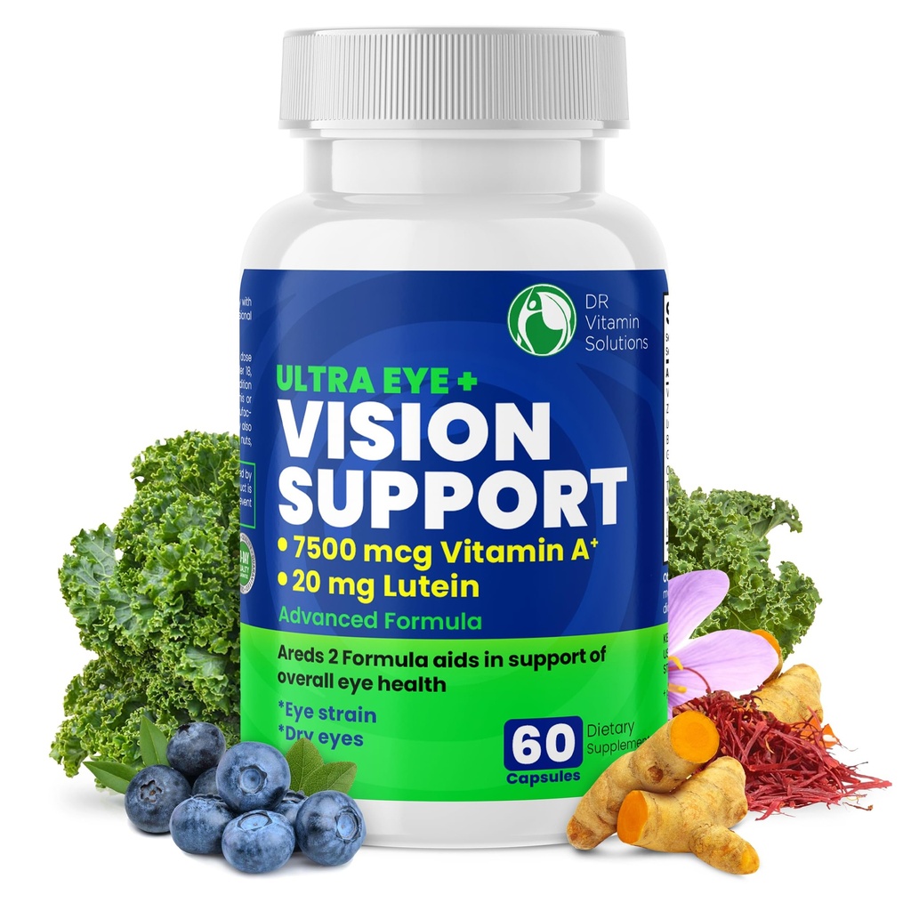 DR VITAMIN SOLUTIONS Vision Support Eye Vitamins for Macular Health ← Suplementos con Lutein, Zinc, Vitamina A &amp; Bilberry ← Areds 2 Fórmula para los ojos rojos y secos, Cuidado de la vista (1 Botella, 60 cápsulas)
