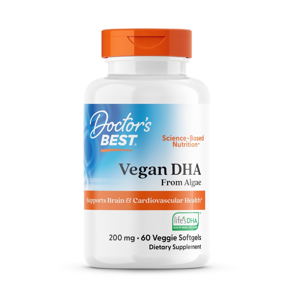Doctors Best Vegan DHA from Algae - Vegan Plant Based Omega 3 Supplement for Women & Men, Supports Memory, Brain & Cardiovascular Health, Non-GMO, Gluten Free, Soy Free - 60 Veggie Softgels