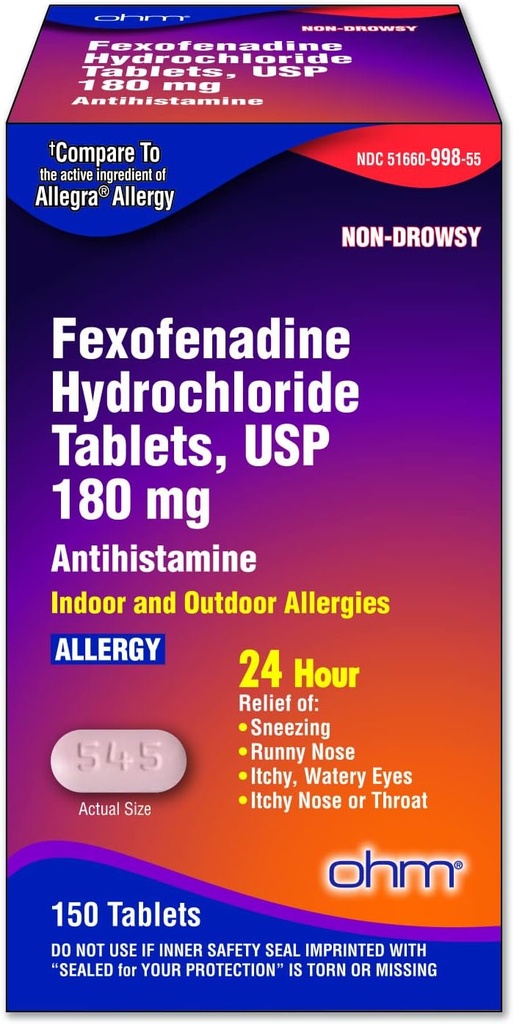 Medicina de la alergia Ohm Fexofenadine 180mg - 24 horas de alivio para los síntomas del estornudo y la alergia, no de sueño - Tablas antihistamínicas de 24 horas para un alivio efectivo - 150 conde (envasado único)