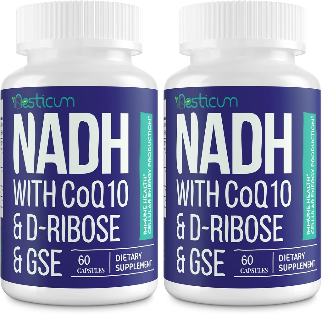 NADH 50mg + CoQ10 200mg + D-Ribose 150mg Supplement, Boosting NAD+ Supplements for Immune System, Cellular Energy, Focus, Reduced Nicotinamide Adenine Dinucleotide, 120 Veggie Capsules