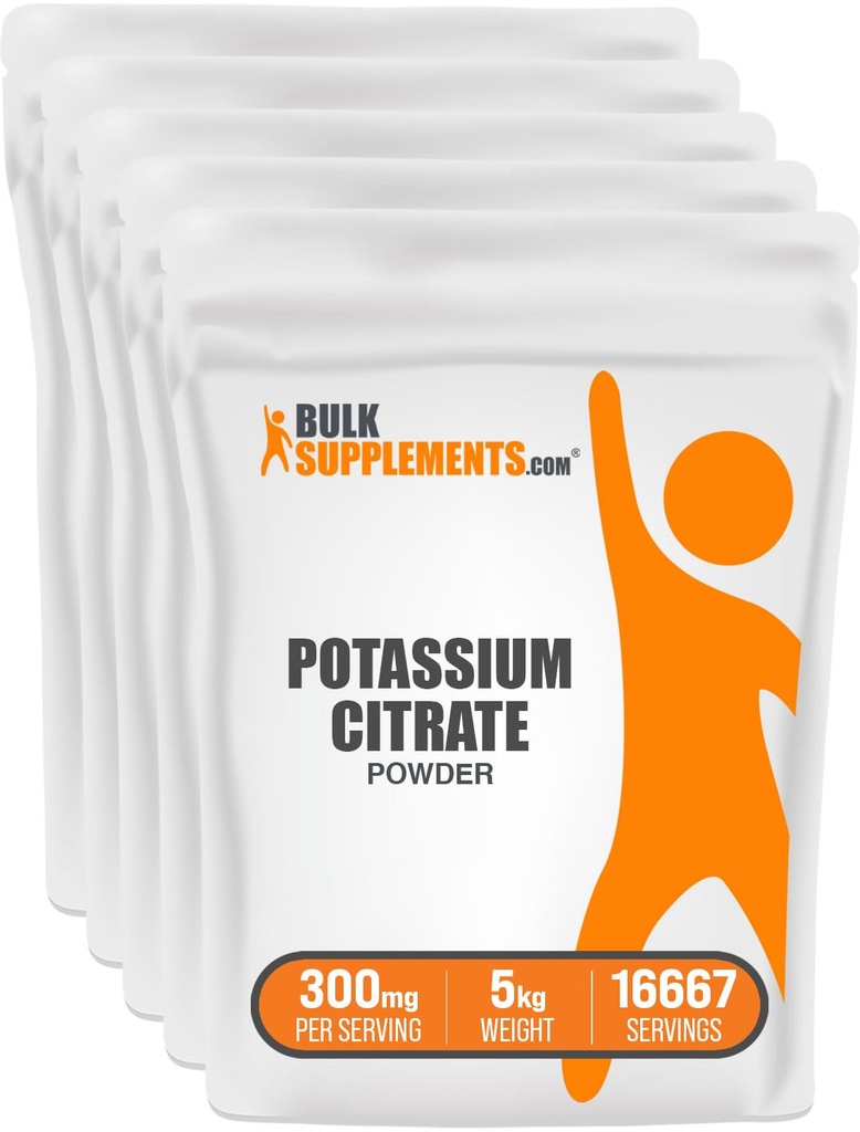 BulkSupplements.com Potassium Citrate Powder - for Hydration Support, Mineral Supplement, Potassium 99mg - Gluten Free, 300mg por Serving, 1kg (2.2 lbs) (Pack of 5)