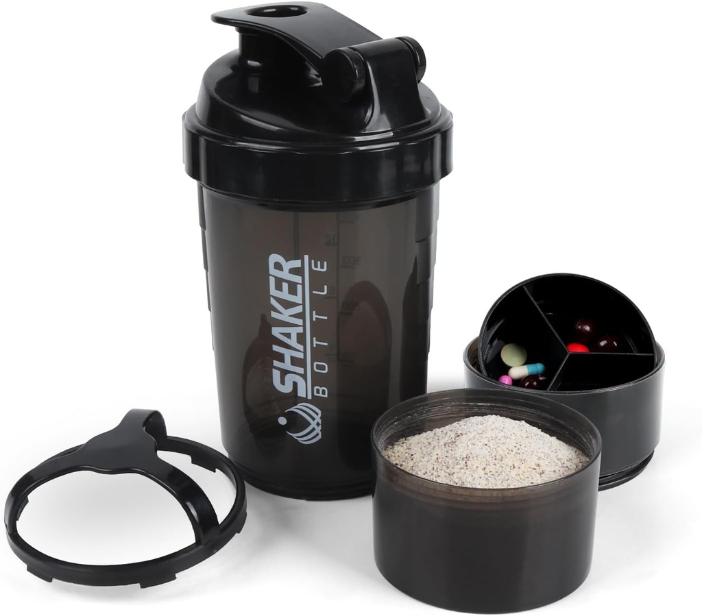 Botella de Shaker - Protein Shaker Cup con Compartimientos de Almacenamiento - Botellas de afeitado resistentes al pico con Mixer para mezclador de espuma-500ML/16oz (PURE BLACK)