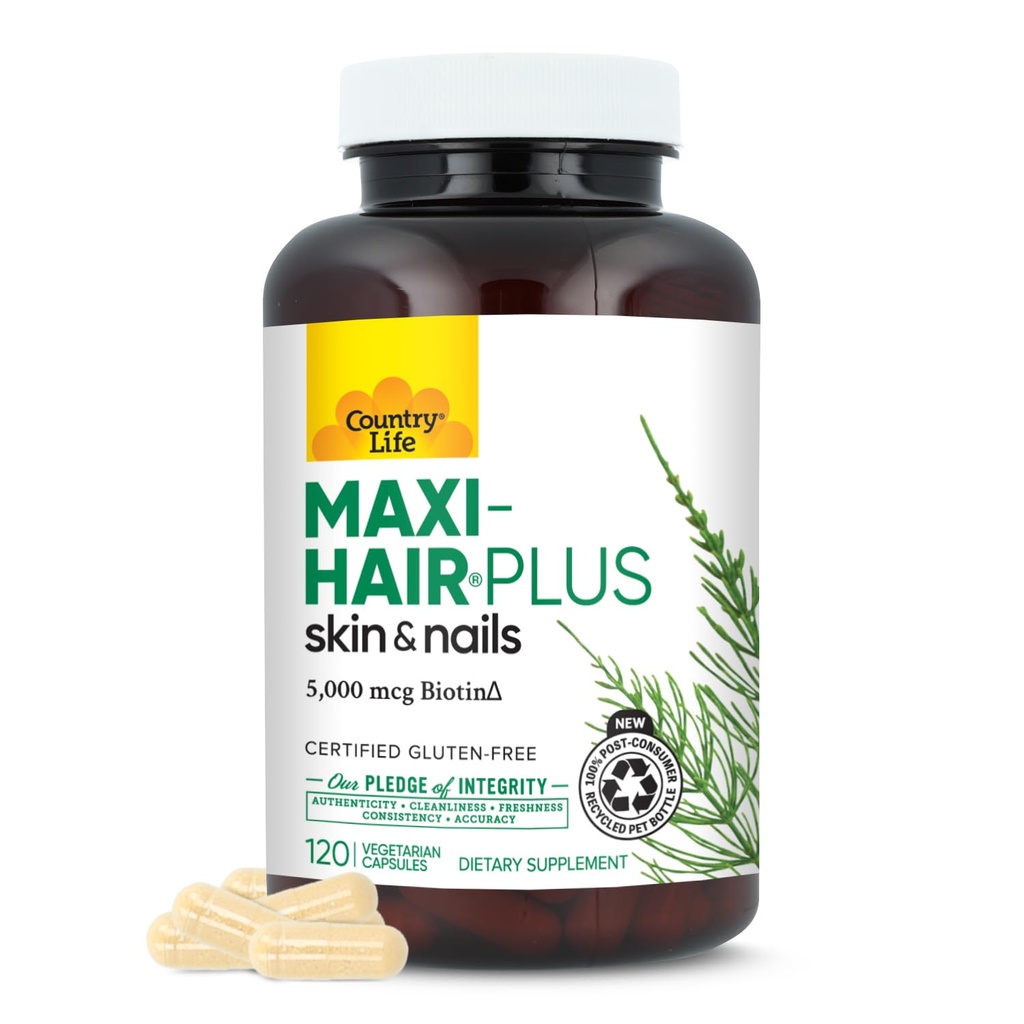 Country Life, Maxi-Hair Plus Biotin, Supports Healthy Hair, Skin and Nails, Daily Supplement, 120 ct