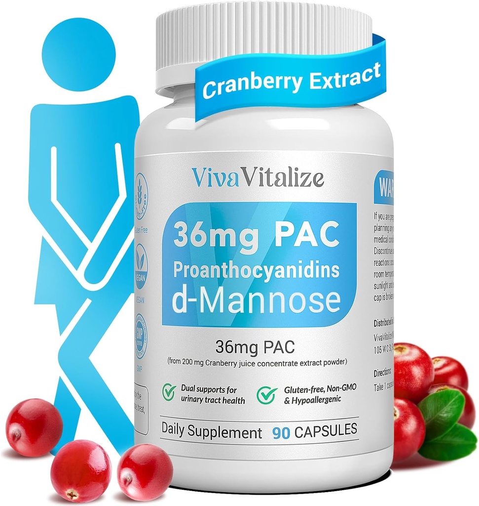 5 in 1 Cranberry Supplement for Women, 36mg PAC 100% Soluble D-mannose Dandelion Herb Mulberry Uva Ursi Leaf Natural Urinary Tract Health Support, Cranberry Pills UTIs Prevention 90 Caps