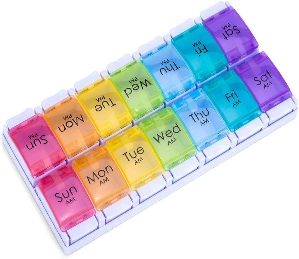 7 Día AM Organizador de píldoras, Moisture-Proof Design y Grandes Compartimientos para contener vitaminas,Fish Oil,Suplementos, Weekly Pill Box/Cases, Daily Medicine Dispenser (14 Compartments No Alarm)