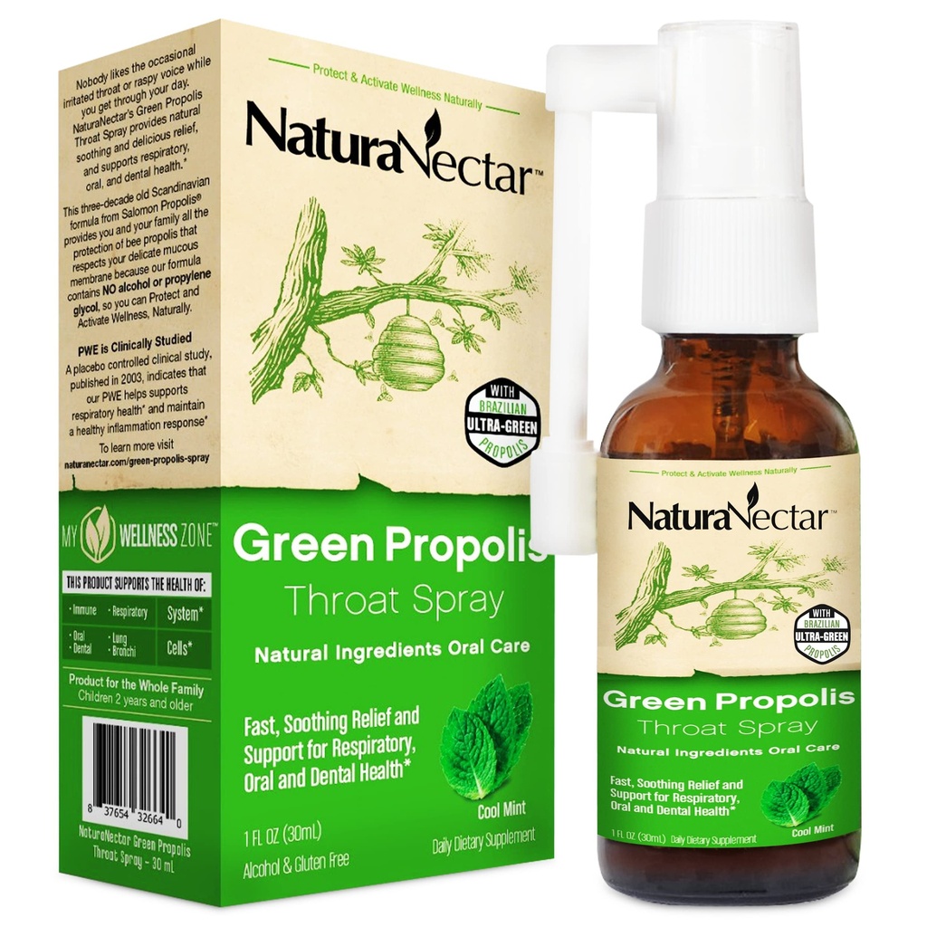 NaturaNectar - Green Propolis Throat Spray - Unique, Soothing Throat Care Relief with Brazilian Bee Propolis - Natural and Non-Alcoholic Throat Care Formula from Sustainable Beekeeping (1-Pack, 30mL)