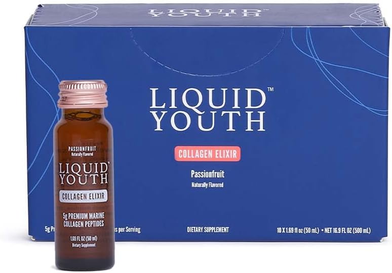 Líquido Collagen Elixir Shot for Women &amp; Men - Premium Líquido Colágeno Marino para el Crecimiento del Pelo, Piel, Nail, Hueso &amp; Salud Conjunta - Viajes bienvenidos (Pasión Fruta, 10 Serviciones Por Caja)