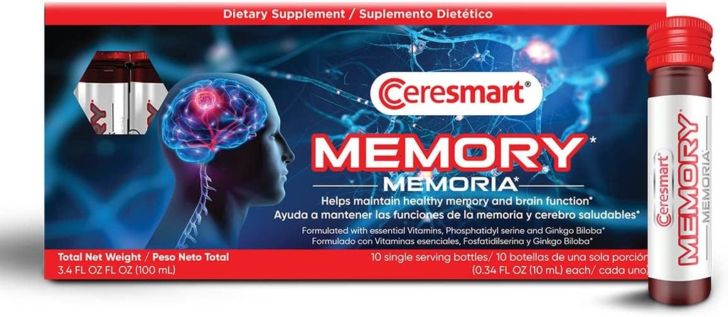 Suplemento de memoria Ceresmart para el cerebro – 10-Pack Brain Boost – Suplementos de memoria bebibles con Ginko Biloba, vitaminas – Suplementos cerebrales para la memoria y el foco, funciones normales del cerebro