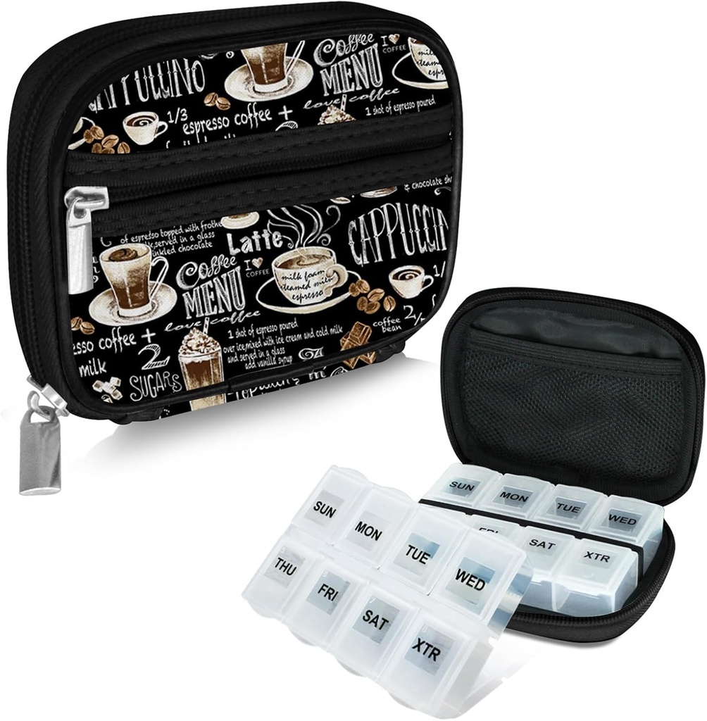 Serfeymi Caja de píldoras de viaje semanal para fines con caja extraíble de 7 días, caja de píldoras de viaje de moda Organizador de píldoras para la medicina, vitamina, suplemento - Negro 02 + caja de píldoras