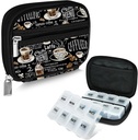 Serfeymi Caja de píldoras de viaje semanal para fines con caja extraíble de 7 días, caja de píldoras de viaje de moda Organizador de píldoras para la medicina, vitamina, suplemento - Negro 02 + caja de píldoras