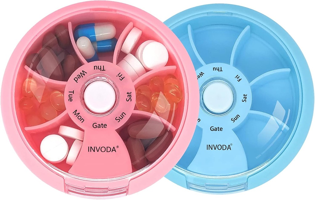 INVODA Organizador semanal de píldoras 7 Caja de Píldora rotativa para medicamentos diarios & vitaminas - Caja de Píldora de Viaje Portable Suplementos de aceite de pescado Vitaminas Organizador (Pink+Blue)