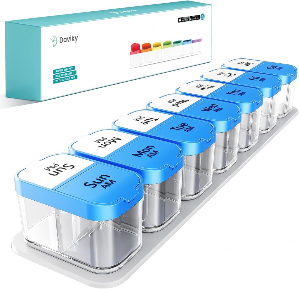 Organizador de gran pill Daviky 2 veces al día - XL Pill Box 7 Day, Big Vitamin Holder con 7 Compartimientos de AM/PM desmontables, gran contenedor de suplemento para uso semanal o diario (Blue)