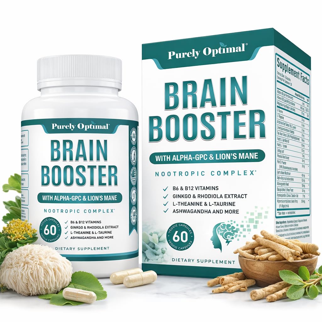 Suplemento nootrópico puramente optimista: Apoyo cerebral para la memoria, el foco, la claridad, la energía libre de jitter para adultos, ancianos – con Ginkgo Biloba, Alpha GPC, Lion’s Mane – 60 cápsulas