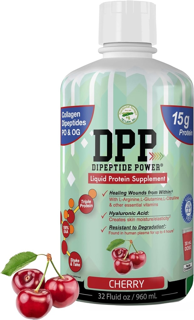 DPP Dipeptide Power, Wound-Healing, 30X More Collagen Dipeptides Than Powder, Liquid Protein Supplement, Sugar-Free, Supports Healthy Tissue Repair, Foot Ulcers, Cosmetic Surgery (Cherry, 32 Fl Oz)