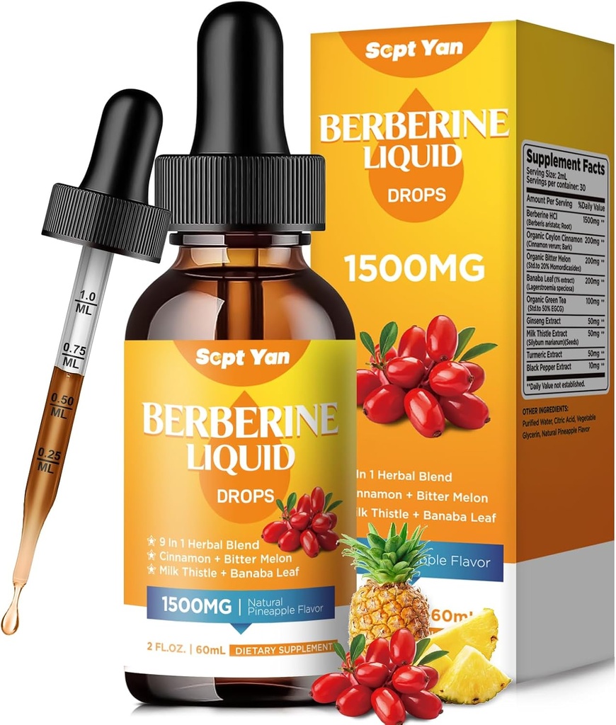 Bereberina Suplemento Liquid Drops- Berberine 1500mg con canela de Ceylán, Melón de Bitter, Banaba Leaf, Turmérica para Immune, Sistema de Digestión, Apoyo al Corazón, Flavor de Pineapple Natural, 2 Fl Oz