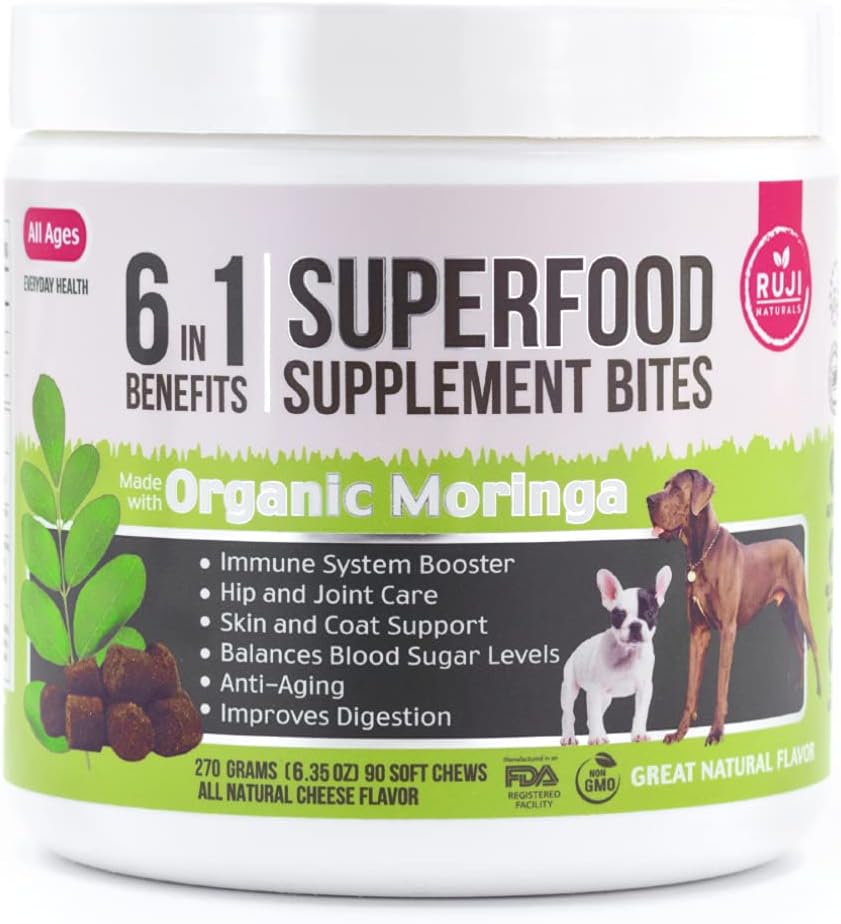 6 en 1 Superfood Dog Suplemento con la Moringa Orgánica ← Trucos para el Sistema Inmunitario y la Salud Global Silencio Pets All Natural Multivitamins - 90 Chews