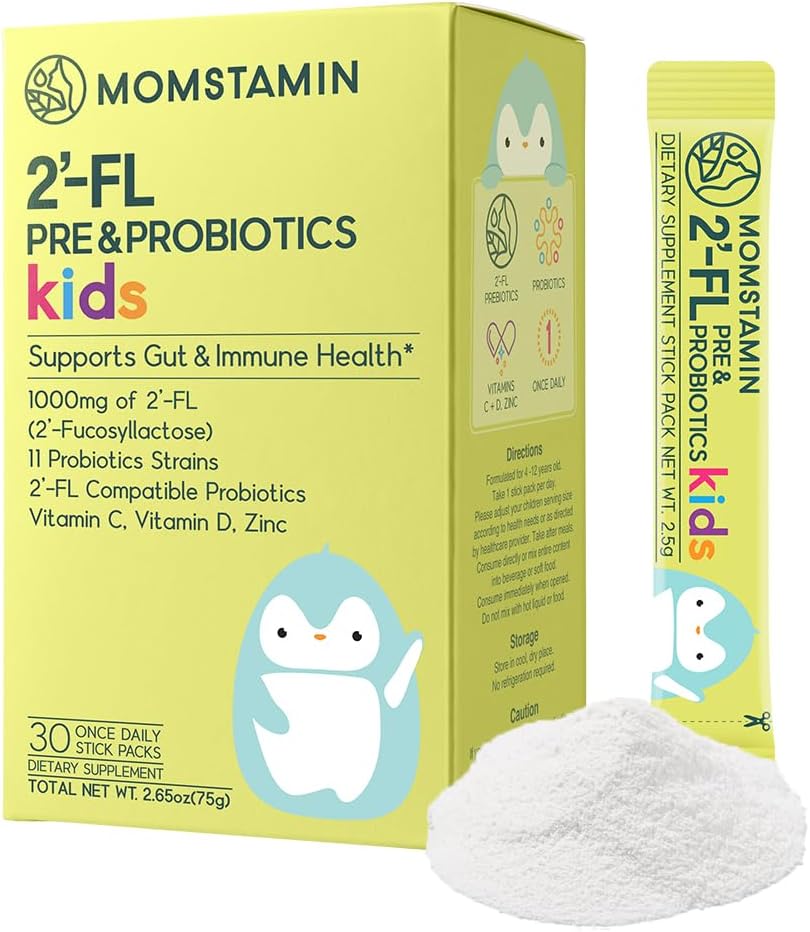 MOMSTAMIN 2'-FL Pre " Probióticos para niños(4+) : Gut Health TENIDO Immune Support ← Suplemento Digestivo Mejorar la capacidad cognitiva " Sleep Quality Vitamin C, D Zinc/Yogurt Flavored 30 Sticks - Daily