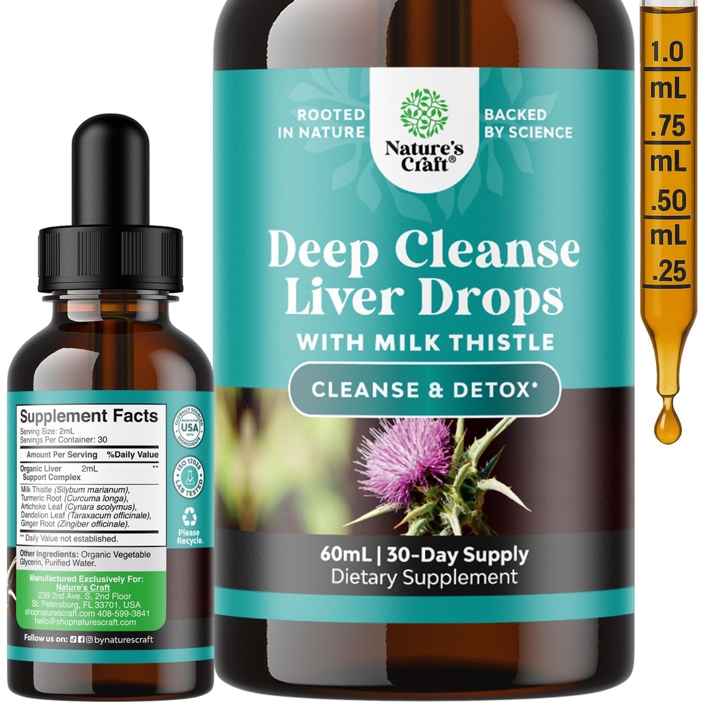 Deep Liver Cleanse, Detox &amp; Repair with Milk Thistle Liquid Drops - Liver Detox Liquid Artichoke Extract with Dandelion Leaf, Ginger & Turmeric Curcumin for Immunity & Daily Cleanse - 2Fl OZ
