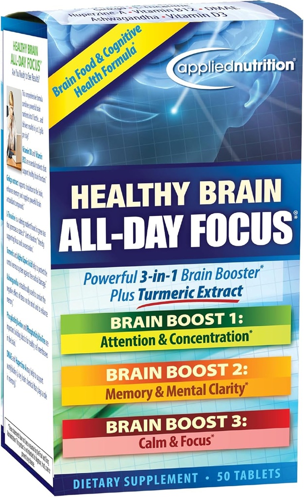 Nutrición Aplicada Saludable Cerebro Todo-Day Focus - 50 Tabletas - Potente 3-en-1 Cerebro Booster con Extracto Turmérico - 25 Serviciones