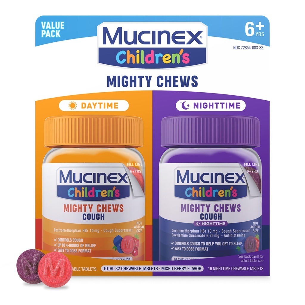 Mucinex Children's Mighty Chews Kids Cough Medicine Daytime And Nighttime Value Pack, Easy to Dose Cough Suppressant For Kids with Dextromethorphan, Mixed Berry Flavor, 32 Medicated Chewable Tablets