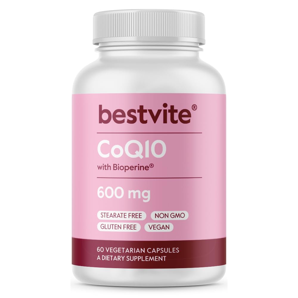 Coenzima CoQ10 600mg por cápsula con bioperina (60 cápsulas vegetarianas) naturalmente fermentado - sin dióxido de titanio - sin rellenos - sin Stearates - Vegan - Gluten Gratis - No GMO