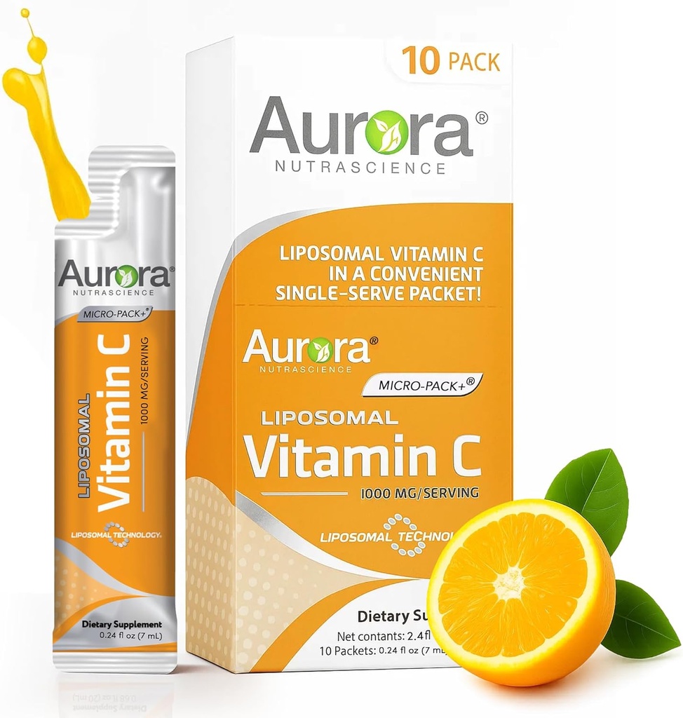 Aurora Nutrascience Micro-Pack Liposomal Vitamina C, Immune Support, 1,000 mg Por Serving, Vegan, Gluten Free, Non-GMO, 10 Single Serve Packets, Orange