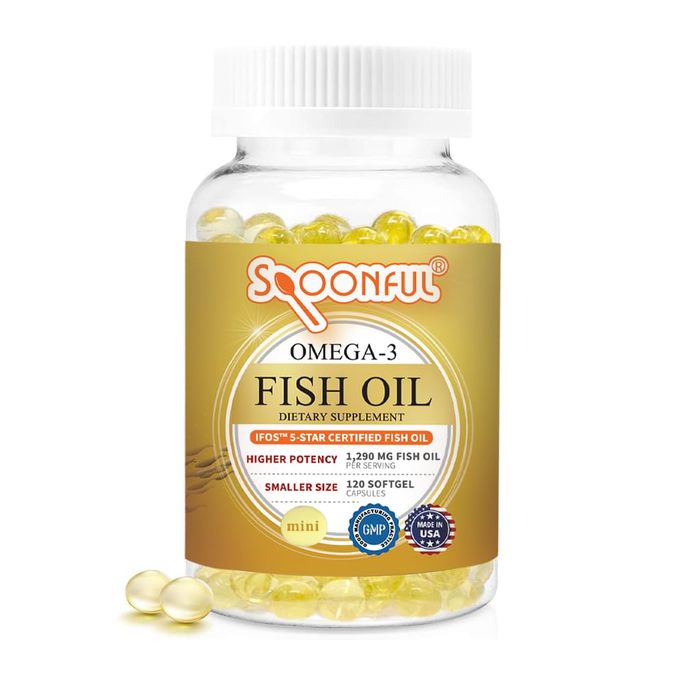 Spoonful Mini Omega 3 Fish Oil, iFOS Certified, 1290 mg Por Serving, 120 Softgels Pearls, Small Size Easy to Swallow Capsules, Made in USA