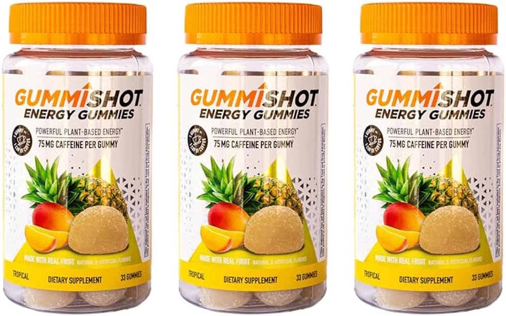GummiShot Energy Gummies, 2475 mg de cerdas de cafeína de base vegetal por botella, botaduras de energía duradera, cuenta tropical 33 (Pack of 3)