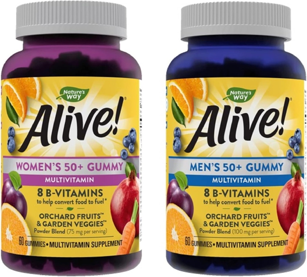 Nature's Way Alive! Women’s and Men’s 50+ Gummy Multivitamins, B-Vitamins, Delicious Flavors, 60 Gummies Per Bottle