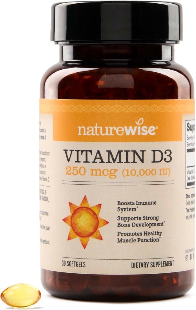 NatureWise Vitamin D3 10,000IU (250 mcg) 30-Day Supply - High Potency for Healthy Immune Support & Muscle Function, Non-GMO, Gluten-Free in Organic Extra Virgin Olive Oil, (Mini Softgel), 30 Count