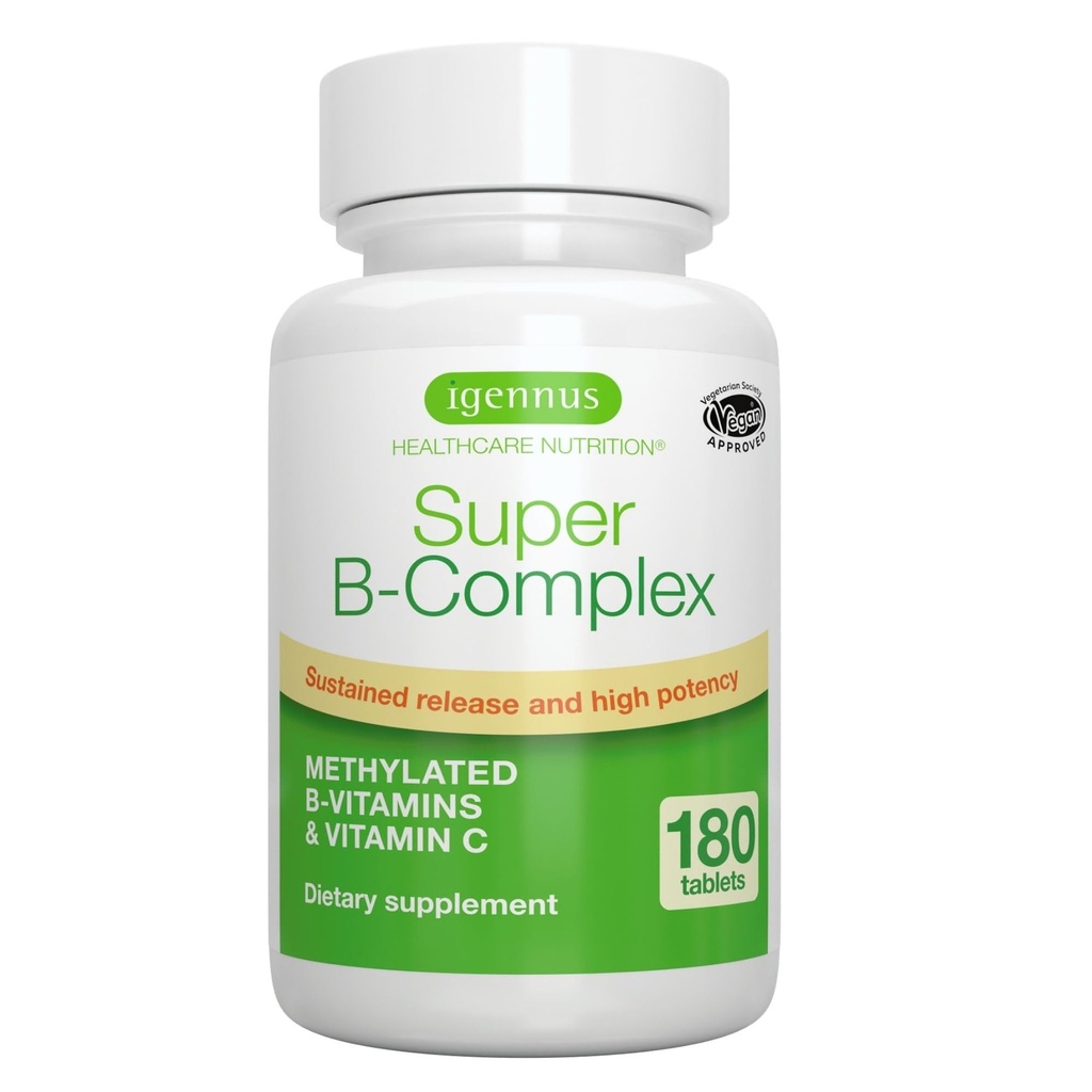 Igennus Super B-Complex Metillated B Vitaminas - Sujeto de liberación, etiqueta limpia y alta absorción, con 5-MTHF Folate " Metil B12, Energía, Mood " Rendimiento cognitivo, Lab Verificado, 180 Tablas pequeñas