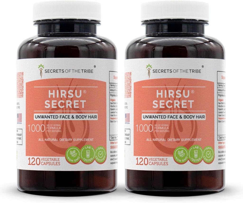 Hirsu Secret 120 Capsules(2 pcs.), 1000 mg, Saw Palmetto, Black Cohosh, Vitex, Spearmint, Lavender, Green Tea. Cabello corporal sin desear (2x120 cápsulas)