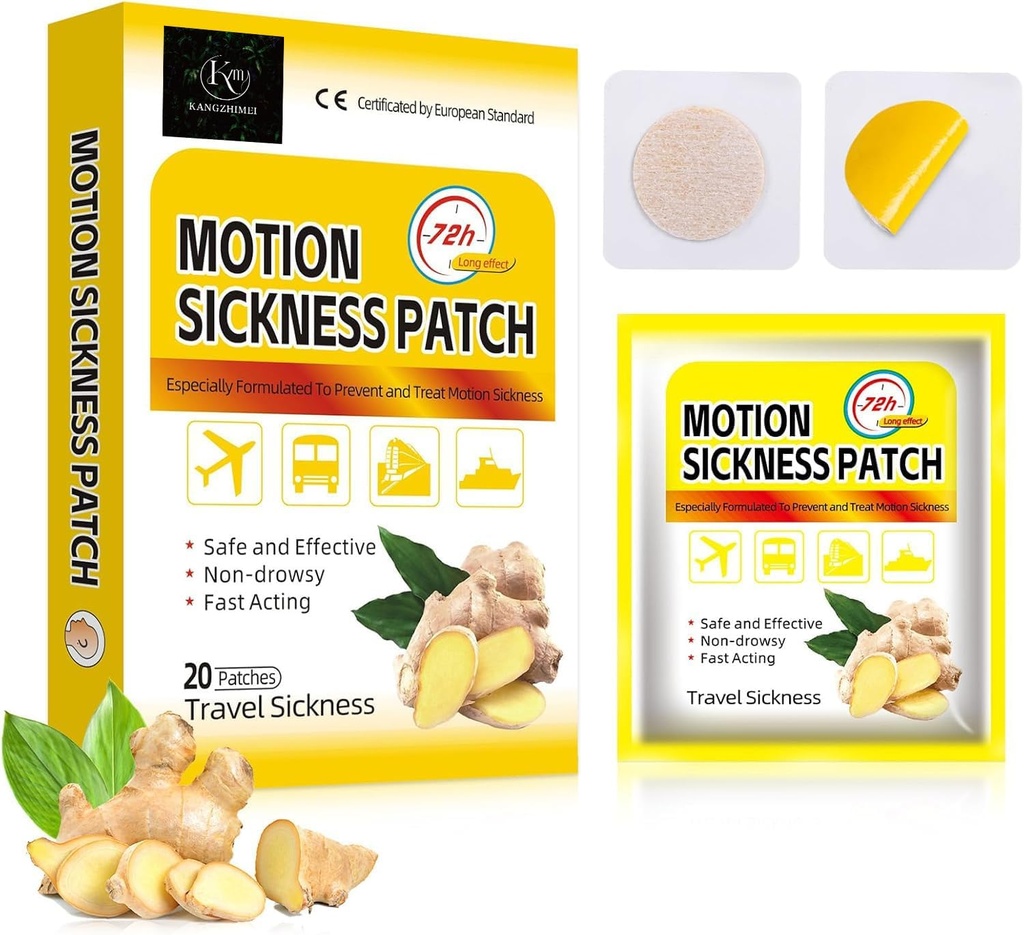 Motion Sickness Patches for Cruise, Non Drowsy Sea Sickness Patches for Boat, Car and Airplane, Waterproof Car Motion Sickness Patch with Ginger Extract for Travel, 20 Count