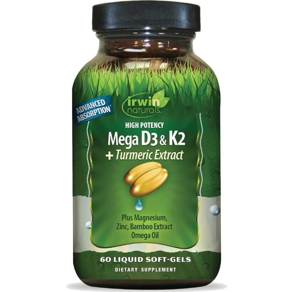 Irwin Naturals High Potency Mega D3 &amp; K2 + Extracto Turmérico - 60 Liquid Softgels - Huesos saludables &amp; Función Inmune