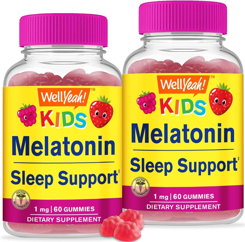 WellYeah Kids Melatonin Gummies 1 mg (2 Pack) - Drug-Free Sleep Aid Gummy Supplement, Sleep Support for Kids - Gluten Free, Gelatin Free, Non GMO, Vegetarian - Natural Sourced Flavor - 60 Gummies