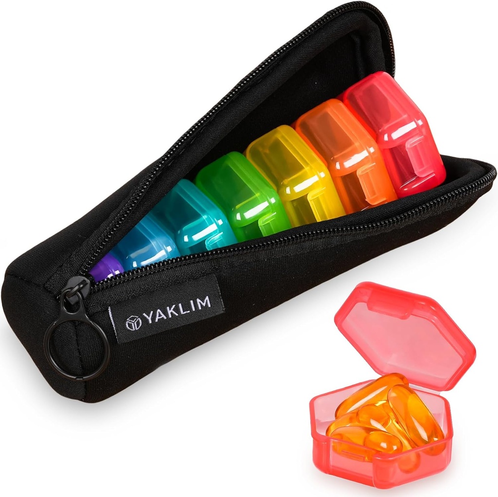 Small Pill Box, 7 Packs Travel Pill Case with Bag, Mini Pill Organizer for Pocket Purse, Daily Portable Medicine Vitamin Box, Fish Oil Box, Supplement Box