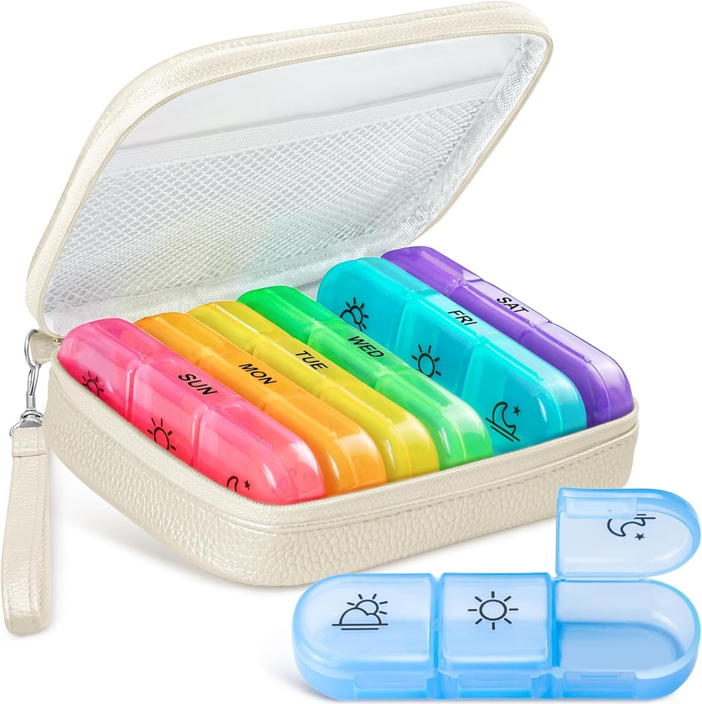 Cute Pill Organizer 3 Times a Day, Large Daily Pill Case for Women, Portable Pill Box 7 Day for Purse with Bag & Zipper to Hold Vitamins, Medications, Fish Oils, Supplements (Beige)