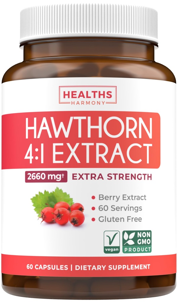Super Potent Hawthorn Berry Capsules - Hawthorn Berry 4:1 Extract (Berries) 665mg Supplement Made from Concentrate to Support Heart and Digestive Health - Vegan Non-GMO & Gluten Free (2 Month Supply)