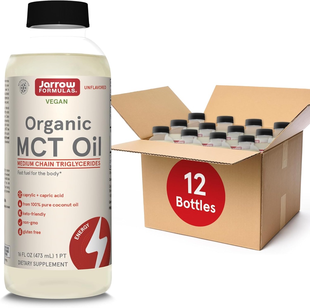 Fórmulas Jarrow Orgánica MCT Oil - 16 fl oz - Combustible rápido para los músculos del cerebro - C8 + Capric Acid (C10) - Ketogenic Diet Friendly Supplement - Unflavored (Pack of 12)
