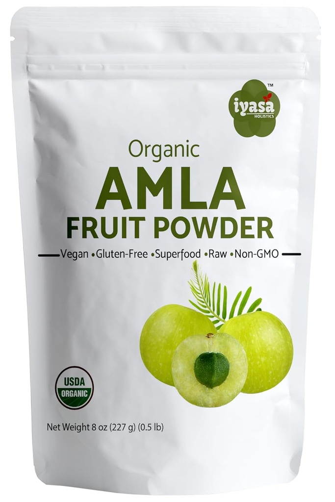 Iyasa Holistics Organic Amla Fruit Powder, Amalaki Berry Powder, 8 onza/226 gm, Raw Superfood For Skin and Hair, Resealable Pouch