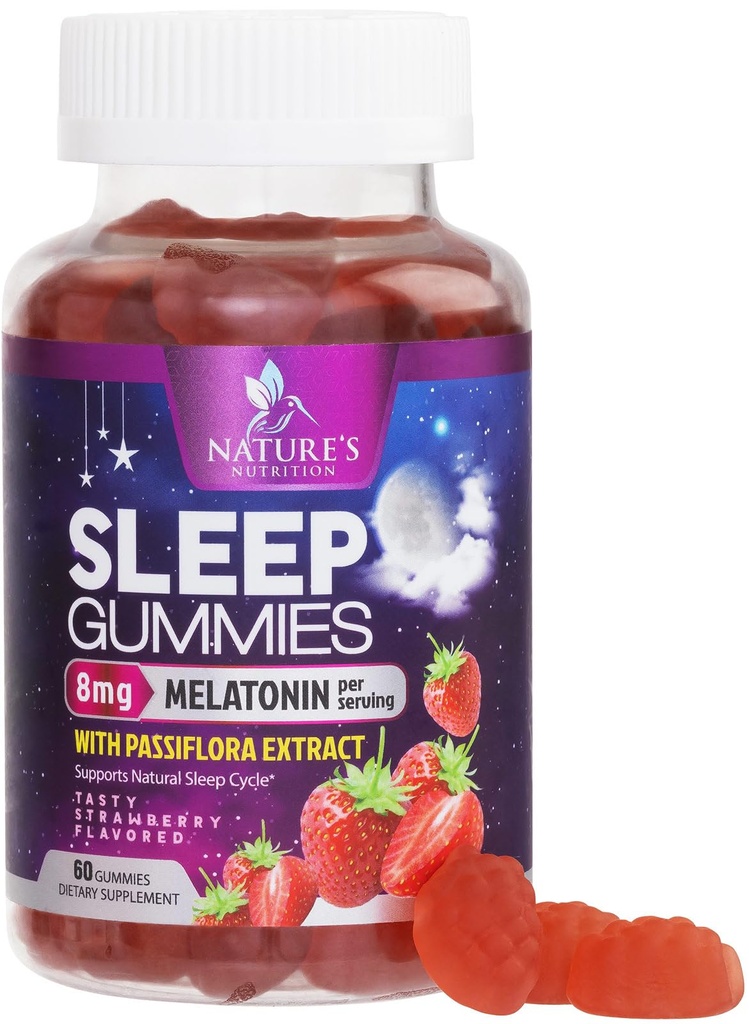 Gummies de sueño para adultos fuerza extra 8mg - Melatonina con Passiflora Extracto para el sueño relajante - Melatonina interina rápida Suplemento de goma de sueño, Vegan, No GMO, sabor a fresa Tasty - 60 Gummies