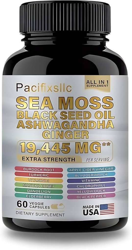 Sea Moss Black Seed Oil Ashwagandha Ginger Vitamin C & D3 con Black Pepper para Hombres &amp; Mujeres