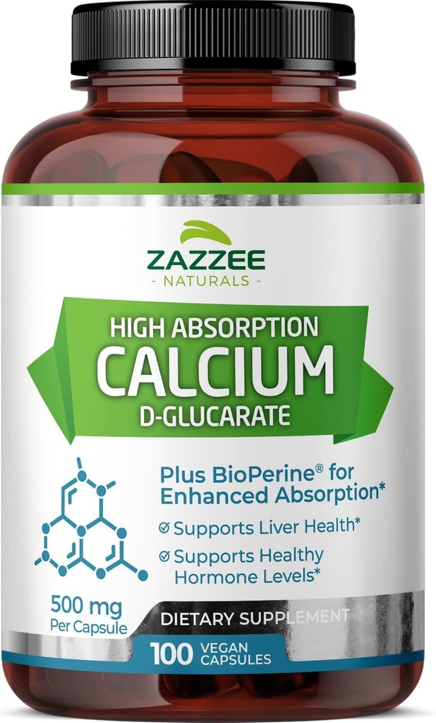 Zazzee High Absorption Calcium D-Glucarate, 500 mg per Capsule, 3 mg BioPerine for Enhanced Absorption, 100 Vegan Capsules, Plus Broccoli 10:1 Extract, 100% Vegetarian, CDG, All-Natural and Non-GMO