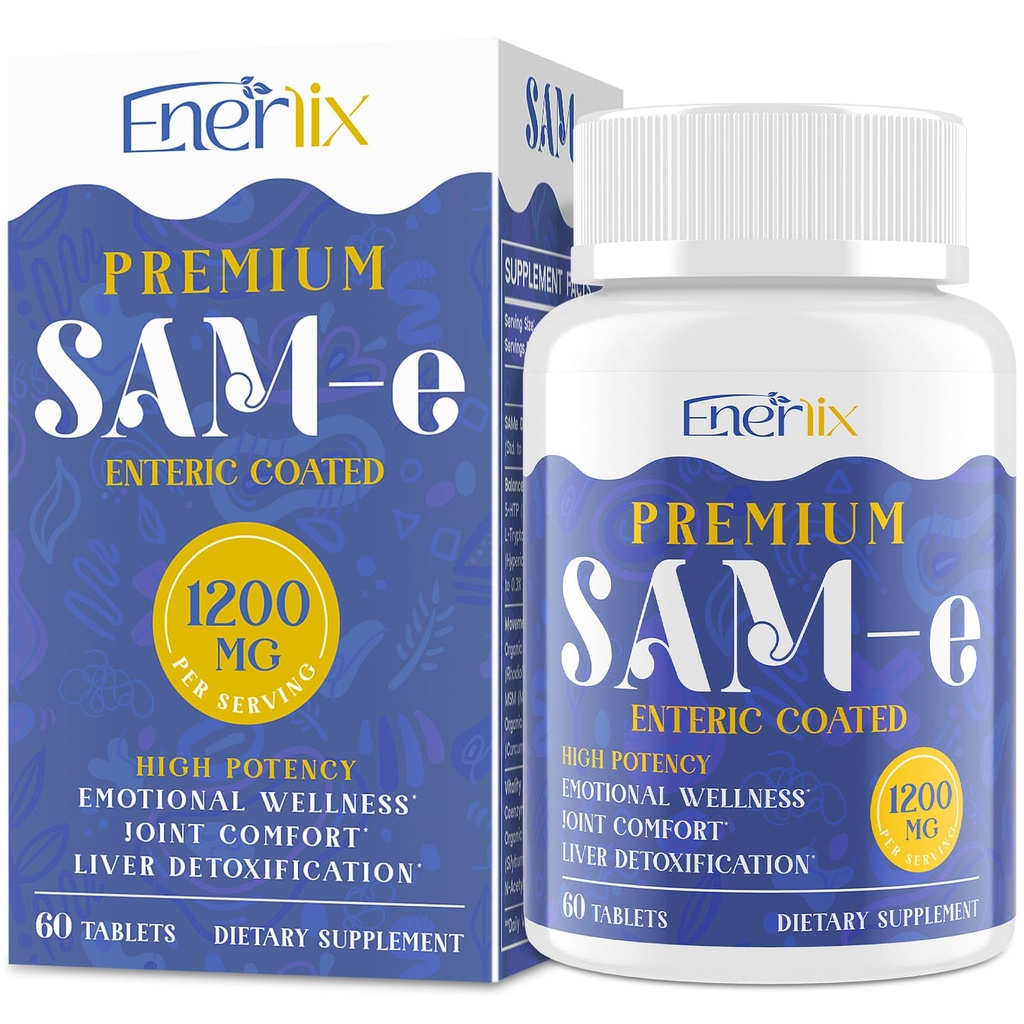 1200 MG SAM e Supplement for Brain, Mood, Joint, and Liver, High Absorption SAM-e (S-Adenosyl-L-Methionine) con CoQ10, 5-HTP, Enteric Coated 60 Tablets, Vegan