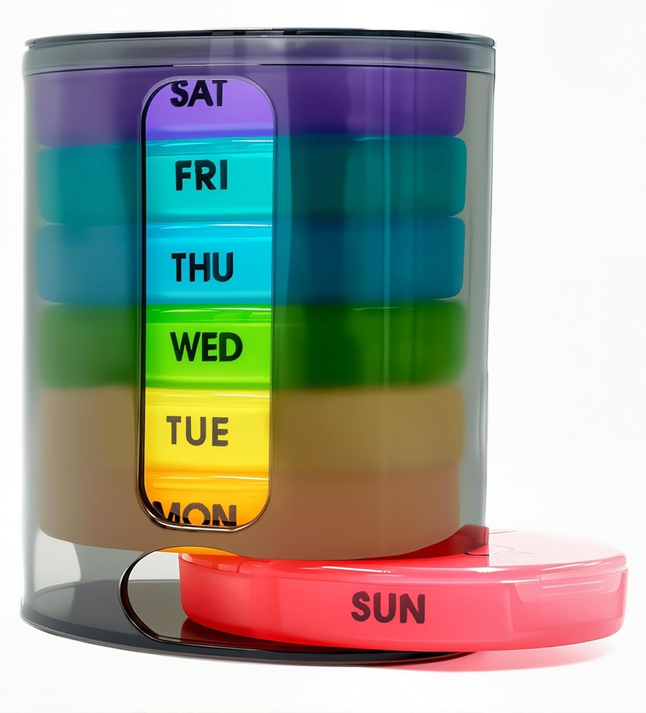 Organizador semanal de píldoras (Dos veces-A-Day), Caja de píldoras portátil de 7 días con salidas de AM/PM fijas para píldoras, vitamina, aceite de pescado, suplementos, arco iris