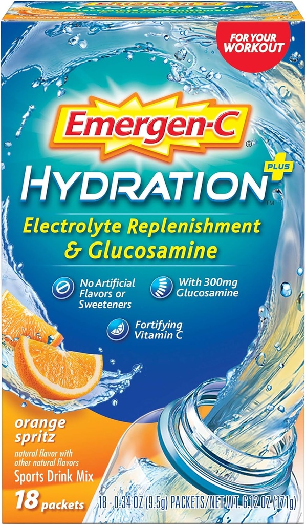 Emergen-C Hydration+ Sports Drink Mix with Vitamin C (18 Count, Orange Spritz Flavor with Glucosamine), Electrolyte Replenishment, 0.34 Ounce Powder Packets