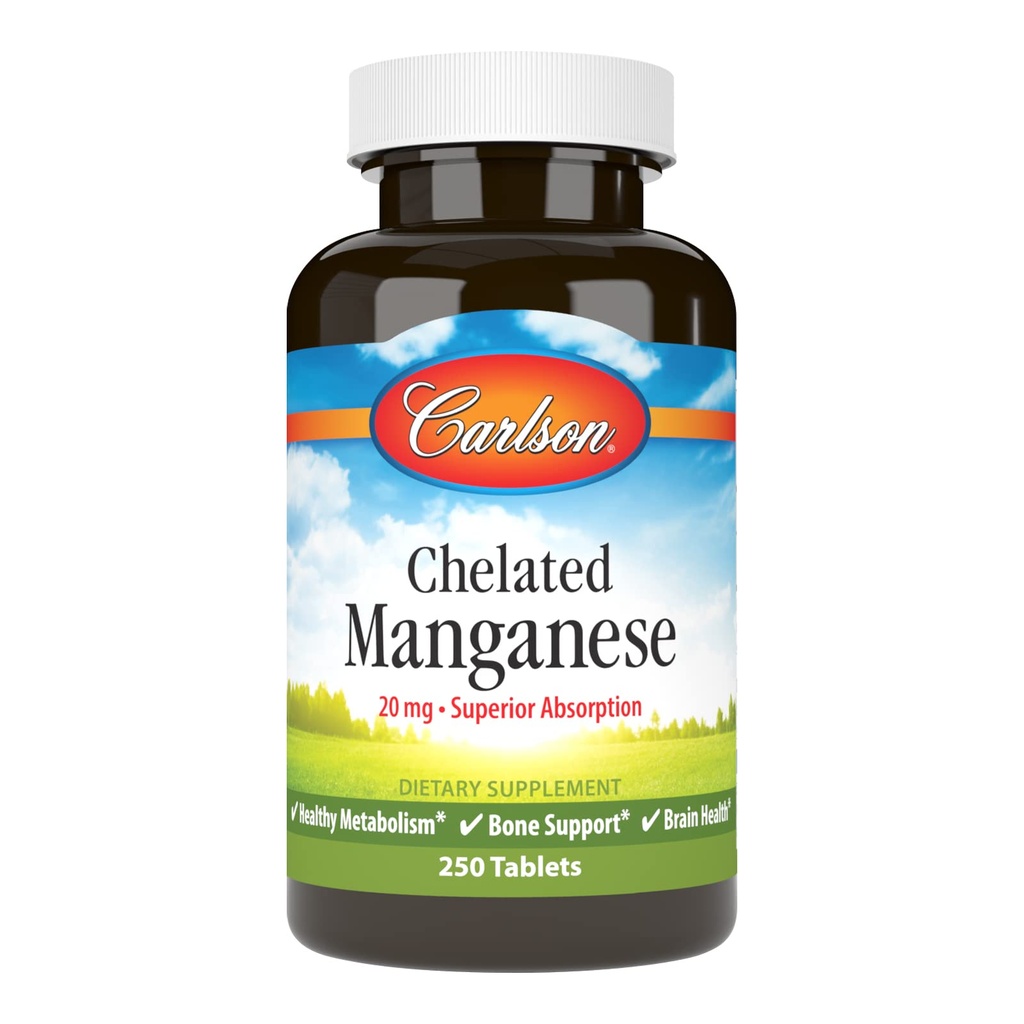 Carlson - Manganés Chelated, 20 mg - Absorción Superior, Metabolismo Saludable, Soporte de Huesos &amp; Salud Cerebro, 250 Tabletas