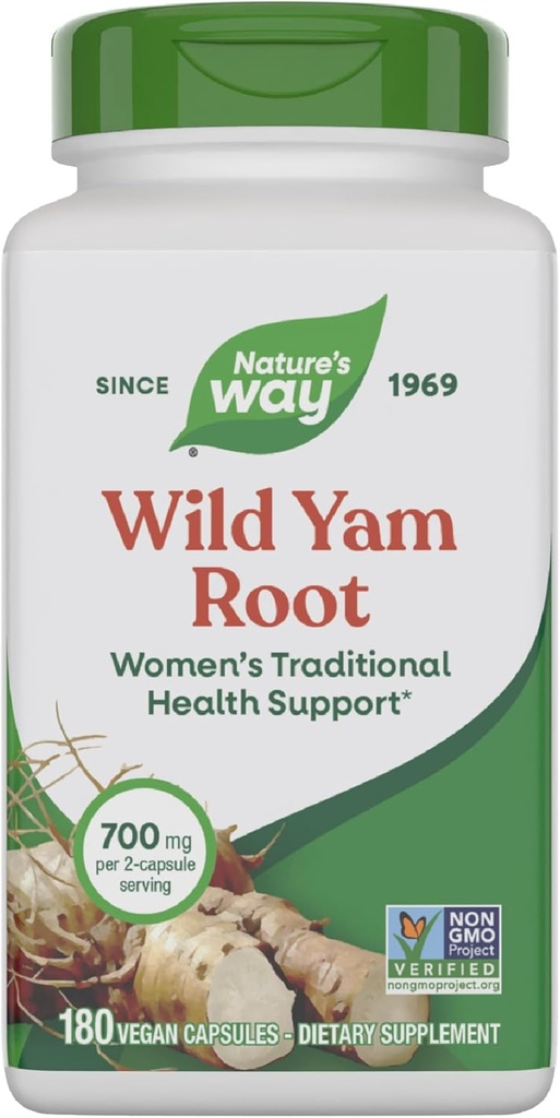 Natural Way Wild Yam Root, Women's Traditional Health Support*, 700 mg por 2-Capsule Serving, Non-GMO Project Verified, 180 Vegan Capsules (Packaging May Vary)